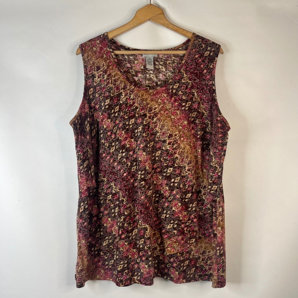 Catherines Tank Top Women 2X Pink Brown Geometric Tiered Layered Sleeveless